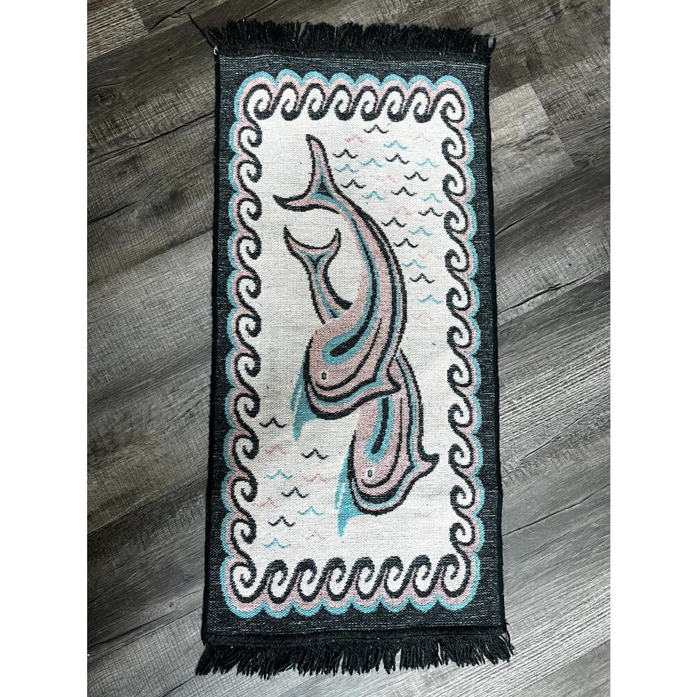 Vintage Woven Dolphin Tapestry Rug Coastal Nautical Teal Pink Black Fringe 28x12